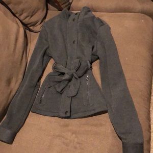 Gray Button and Zip up rain Jacket.